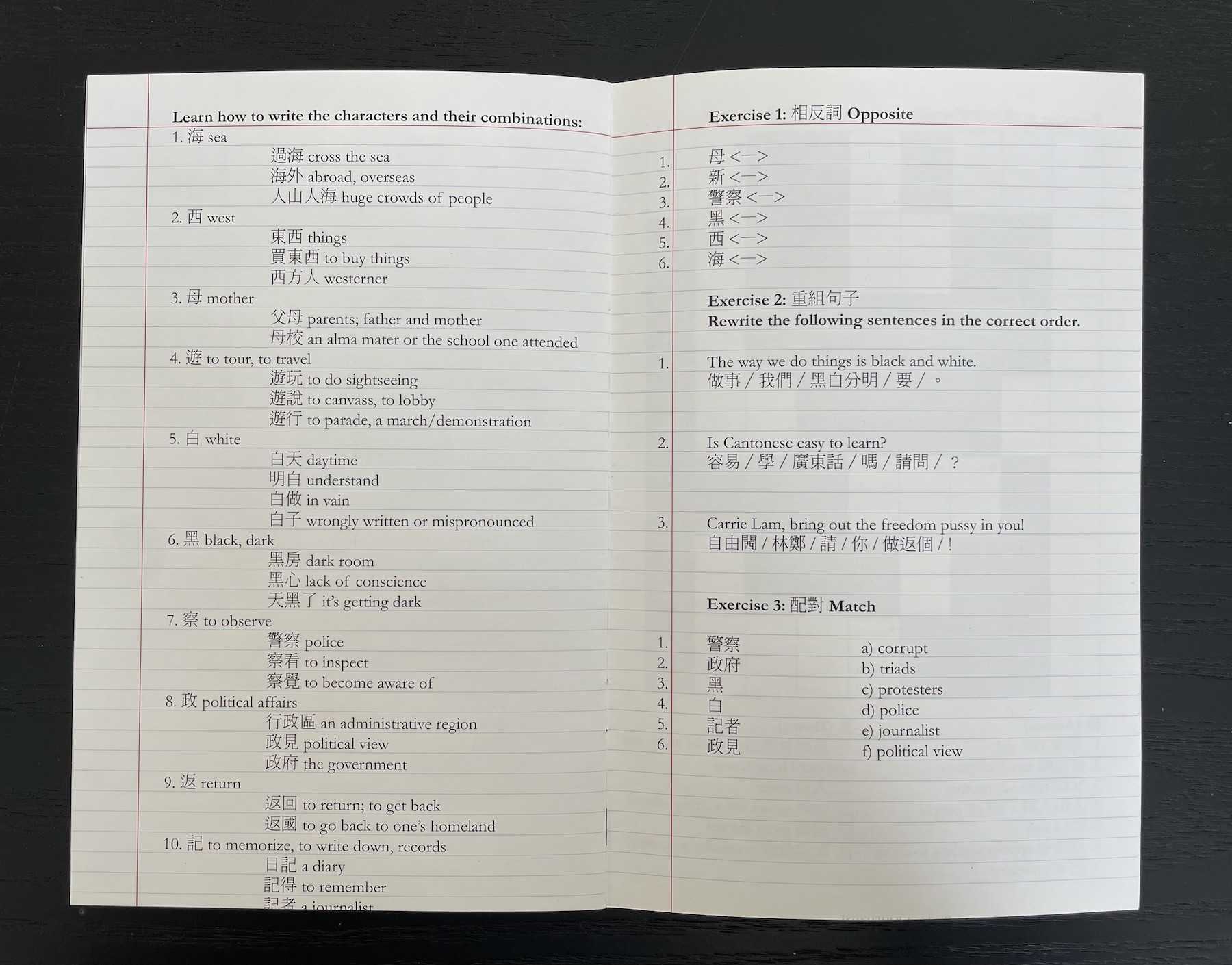 An open-faced zine shows two pages of mini workbook sections on red-and-blue lined paper. Exercises include: matching opposite words, rewriting sentences in the correct order, and matching correlating words. 